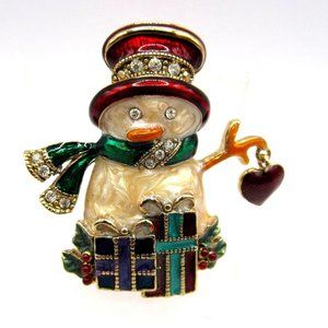 Vintage Monet Christmas Snowman Brooch Enamel Rhinestone Pin Signed